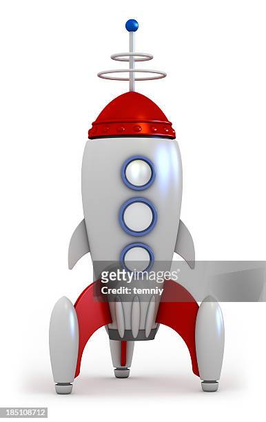 a red and silver space rocket on a white background - 3d rocket stockfoto's en -beelden