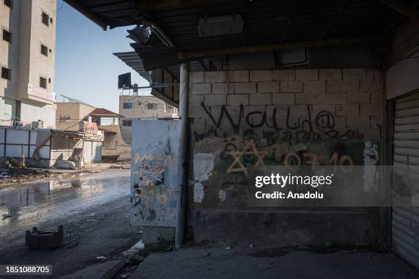 View of destroyed houses which has walls covered with burn marks due to highly flammable explosives Israeli forces use in attacks at the Jenin...