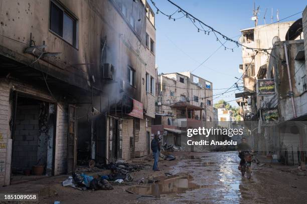 View of destroyed houses which has walls covered with burn marks due to highly flammable explosives Israeli forces use in attacks at the Jenin...