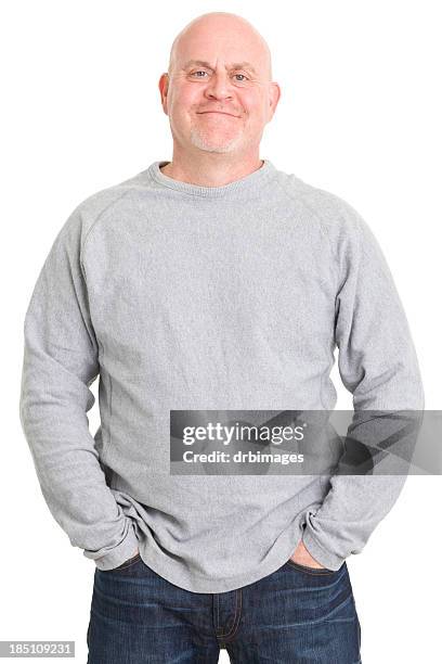 satisfied mature man with hands in pockets - bald people stock pictures, royalty-free photos & images