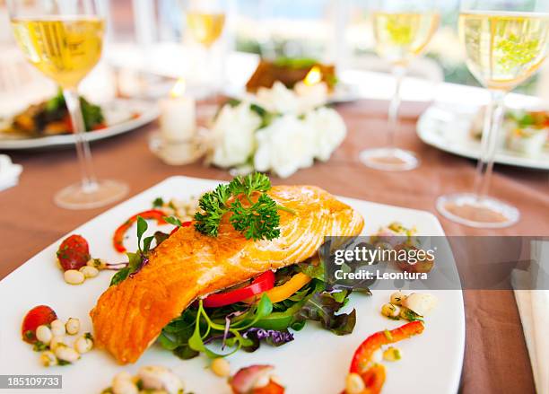 dinner - fancy salmon dinner stock pictures, royalty-free photos & images