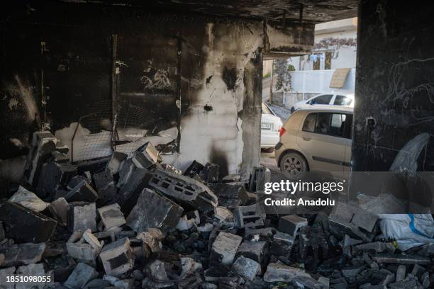 View of destroyed houses which has walls covered with burn marks due to highly flammable explosives Israeli forces use in attacks at the Jenin...