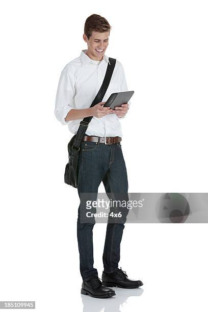 university student using a digital tablet - man ipad isolated stock pictures, royalty-free photos & images