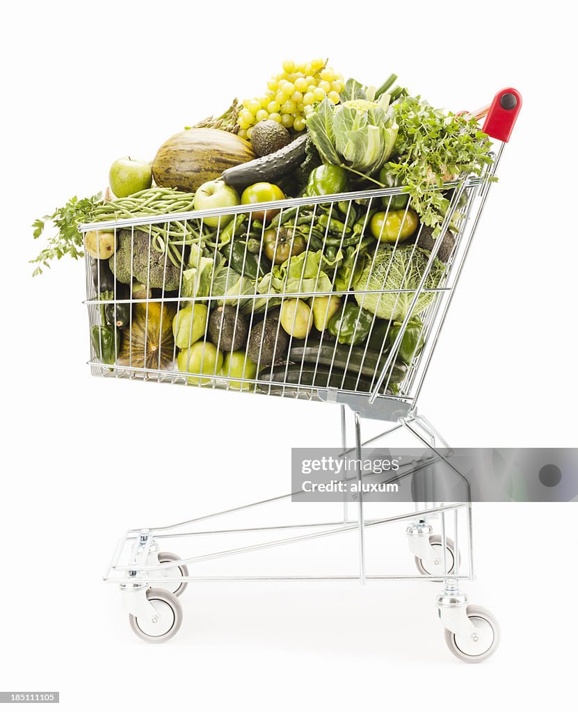 Shopping cart full of vegetables and fruits