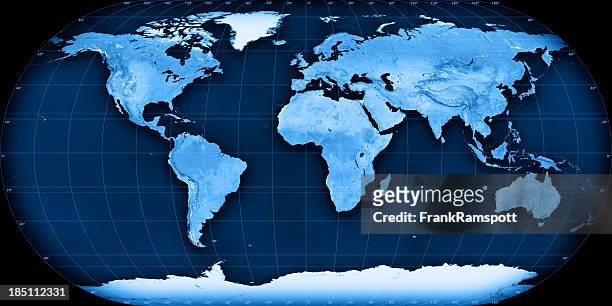 topographic world map eckert iii projection - latitude longitude stock pictures, royalty-free photos & images