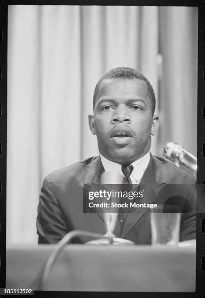 American politician and Civil Rights leader John Lewis speaks at a meeting of American Society of Newspaper Editors at the Statler Hilton Hotel,...