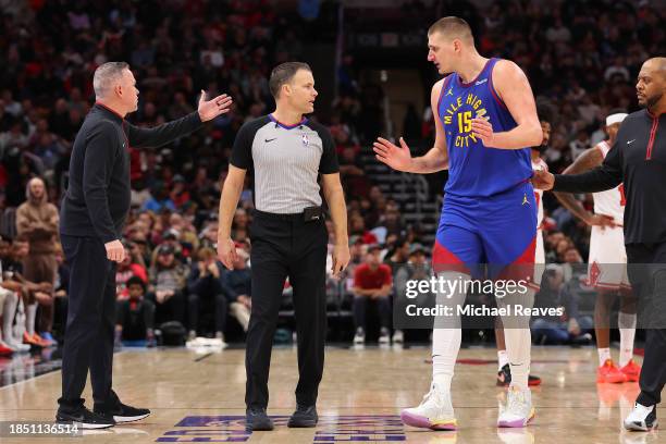 Nikola Jokic of the Denver Nuggets reacts after he was ejected from the game by referee Mousa Dagher against the Chicago Bulls during the first half...