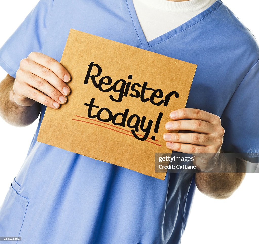 Doctor with Sign: Register Today!