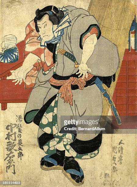 ilustrações, clipart, desenhos animados e ícones de xiolográfica em japonês tradicional estampa de ator - samurai