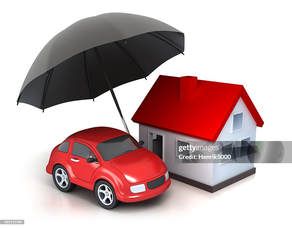 Maison et voiture sous un parasol, isolé avec un Tracé de détourage