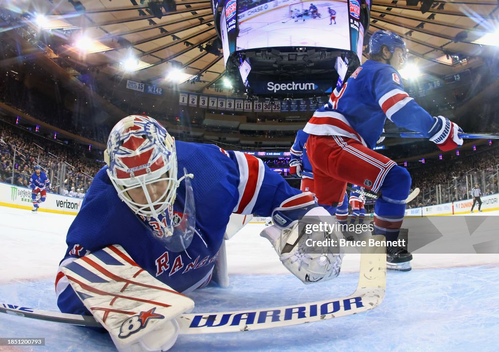 New York Rangers Ice Rink Igor Shesterkin of the New York Rangers hits the ice during the... News ...