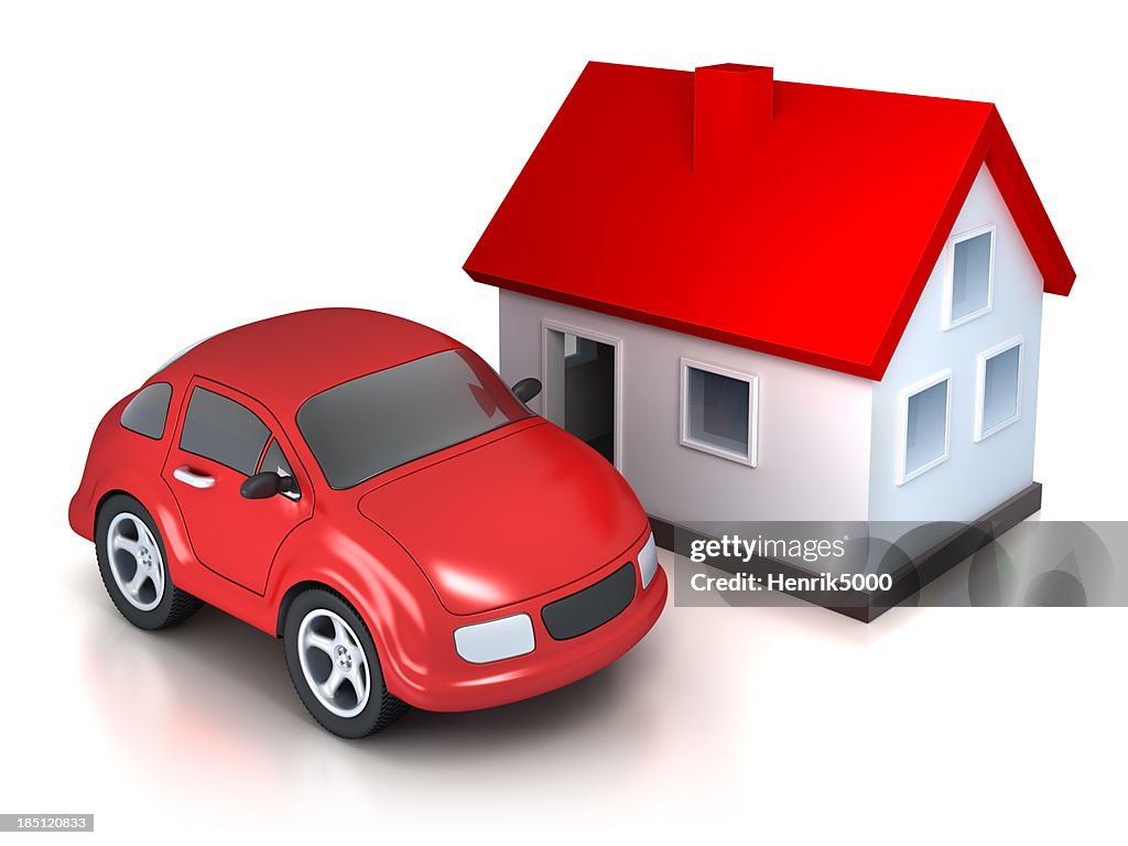 Casa e Carro-isolado no branco com Traçado de Recorte