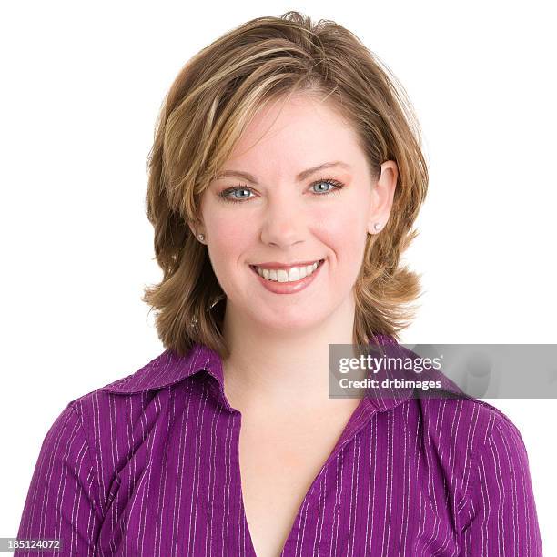 smiling young woman portrait - purple blouse stock pictures, royalty-free photos & images