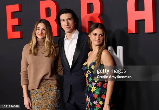 Shailene Woodley, Adam Driver, and Penélope Cruz attend the Premiere for Neon's "Ferrari" at Directors Guild Of America on December 12, 2023 in Los...