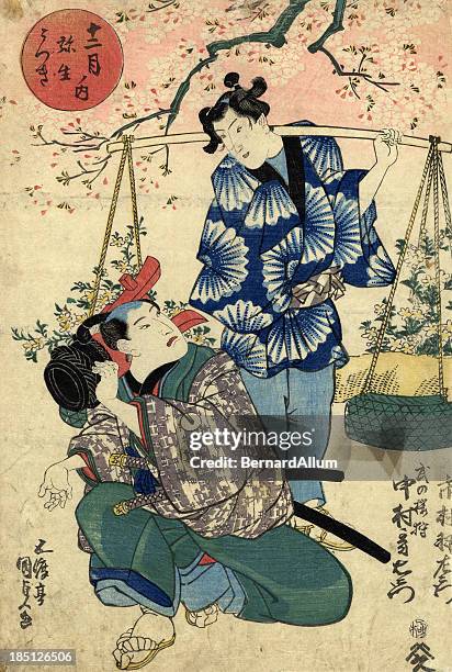 ilustraciones, imágenes clip art, dibujos animados e iconos de stock de kabuki japonés woodblock de actores - arte-xilográfico-en-estilo-oriental