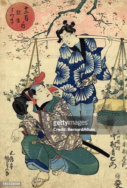 stockillustraties, clipart, cartoons en iconen met japanese woodblock of kabuki actors - samoerai