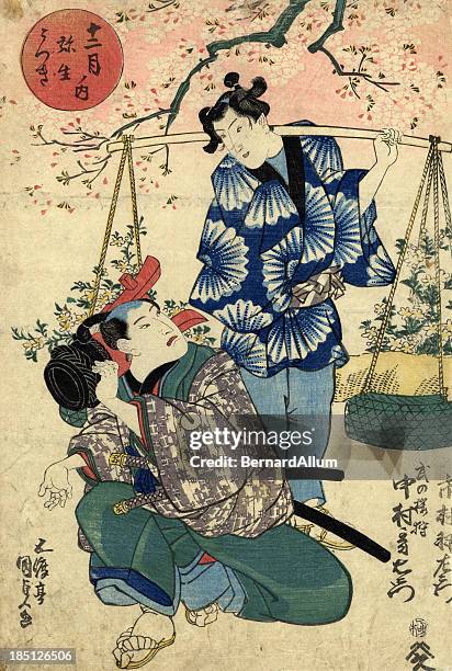 japanese woodblock of kabuki actors - japan blossom stock illustrations