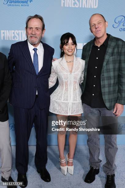 Tommy Lee Jones, Jenna Ortega and Brian Helgeland attend the "Finestkind" Los Angeles Premiere on December 12, 2023 in West Hollywood, California.