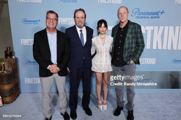 Gary Foster, Tommy Lee Jones, Jenna Ortega and Brian Helgeland attend the "Finestkind" Los Angeles Premiere on December 12, 2023 in West Hollywood,...