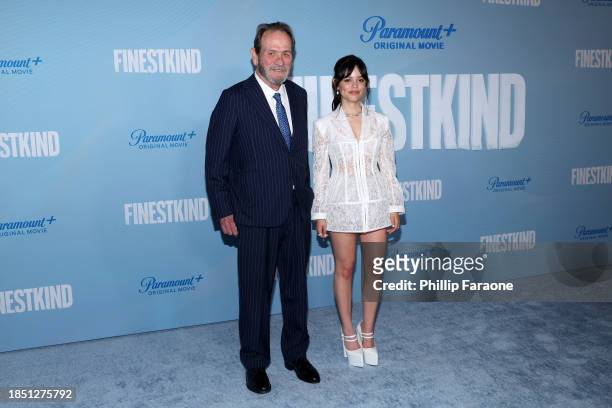 Tommy Lee Jones and Jenna Ortega attend the Los Angeles Premiere of Paramount+'s "Finestkind" at Pacific Design Center on December 12, 2023 in West...