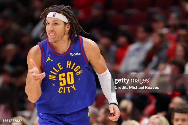 Aaron Gordon of the Denver Nuggets celebrates a three pointer against the Chicago Bulls during the second half at the United Center on December 12,...