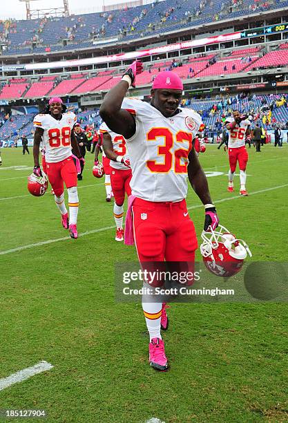 Cyrus Gray of the Kansas City Chiefs celebrates after the game against the Tennessee Titans at LP Field on October 6, 2013 in Nashville, Tennessee.