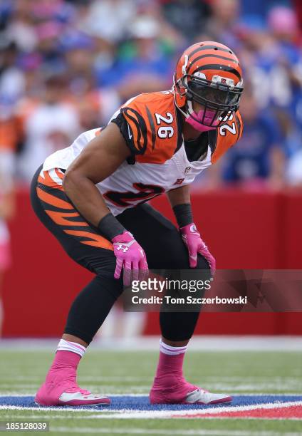 Taylor Mays of the Cincinnati Bengals lines up during NFL game action against the Buffalo Bills at Ralph Wilson Stadium on October 13, 2013 in...