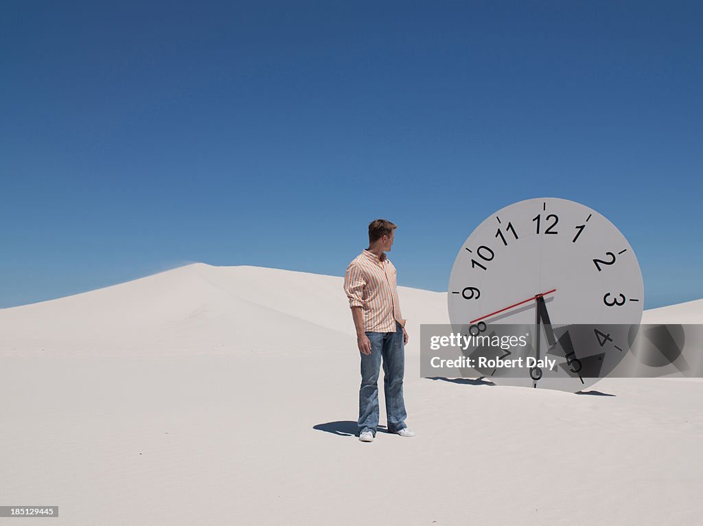 A man looking at a clock in the desert