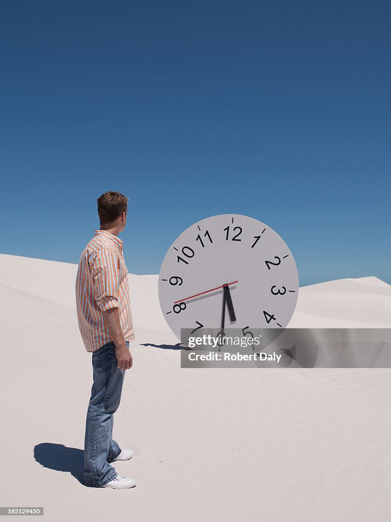 A man looking at a clock in the desert