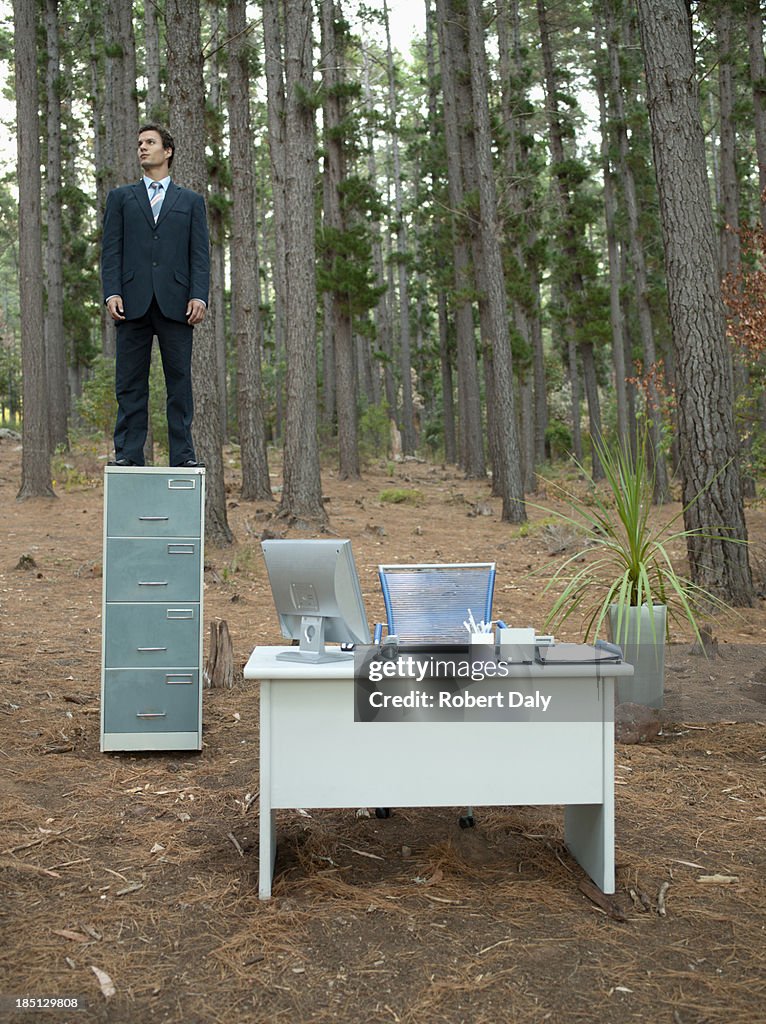 A businessman standing on his filing cabinet in the woods