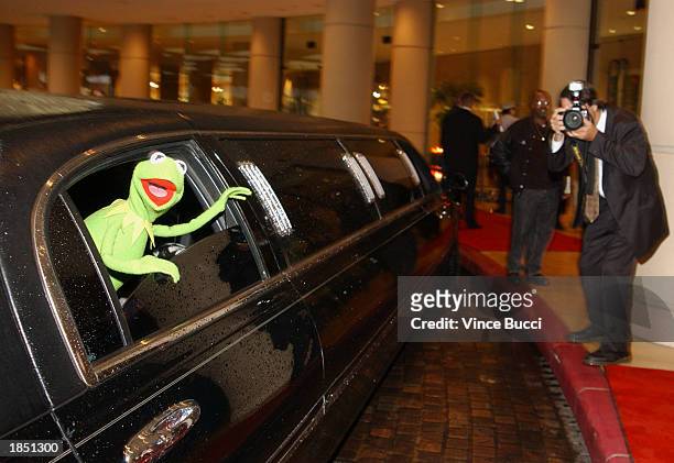 Kermit the Frog arrives in a limo at the 17th Annual Genesis Awards at the Beverly Hilton Hotel on March 15, 2003 in Beverly Hills, California.
