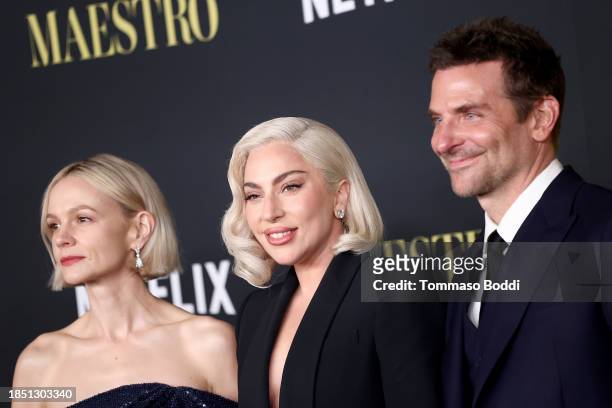 Carey Mulligan, Lady Gaga and Bradley Cooper attend Netflix's "Maestro" Los Angeles photo call at Academy Museum of Motion Pictures on December 12,...