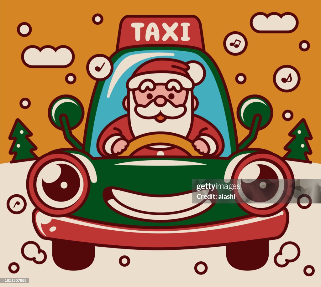 Adorable Santa Claus driving an anthropomorphic car working as a taxi driver