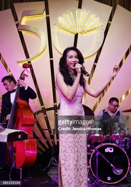Karen Mok performs at the Mandarin Oriental Hong Kong 50th Anniversary Gala on October 17, 2013 in Hong Kong.