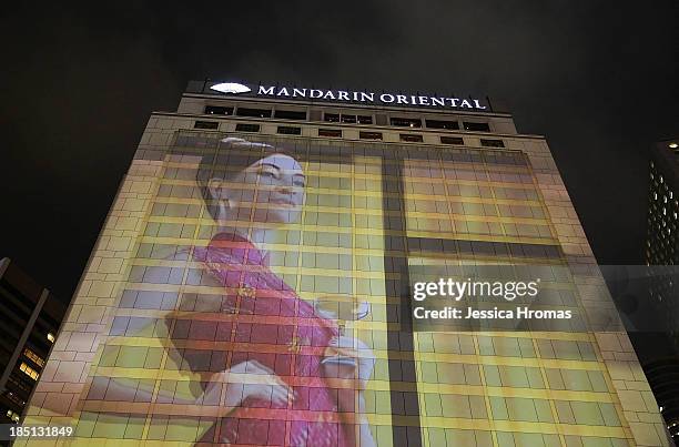 Projection on the 26 storey Mandarin Oriental Hong Kong marks its 50th Anniversary Celebration on October 17, 2013 in Hong Kong.