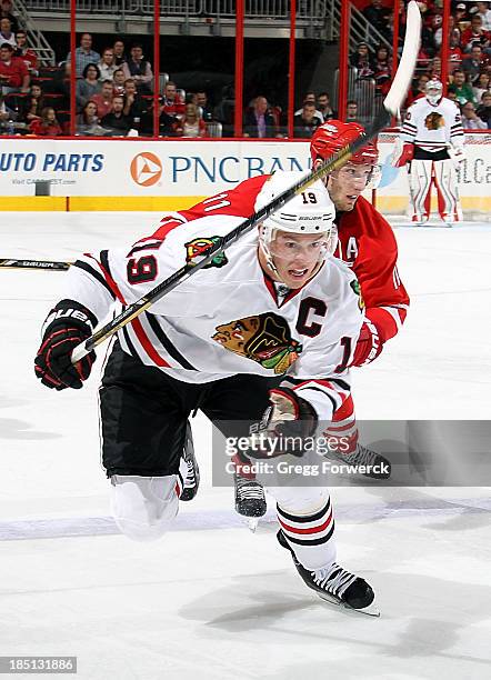 Jonathan Toews of the Chicago Blackhawks skates for position on the ice during their NHL game against the Carolina Hurricanes at PNC Arena on October...