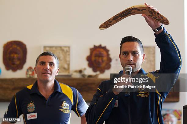 Jason Mifsud and Andrew McLeod of the AFL Australian International Rules team during a Community Visit to the Castle Saunderson International Scout...