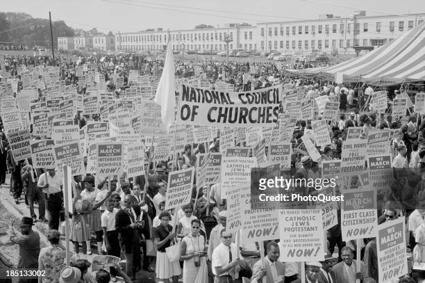 August 28, 1963 - Marchers, signs, and tent at the March on Washington, Washington DC, August 28, 1963.