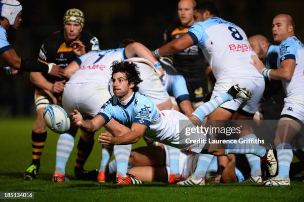 Mathieu Belie of Bayonne in action during the Amlin Challenge Cup round two match between London Wasps and Bayonne at Adams Park on October 17, 2013...