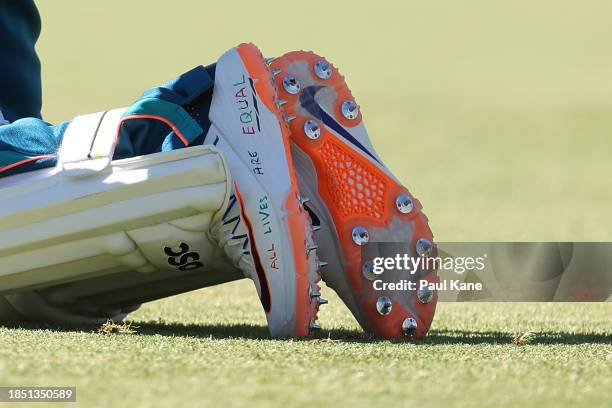 The shoes of Usman Khawaja are pictured during an Australian nets session the at the WACA on December 11, 2023 in Perth, Australia.