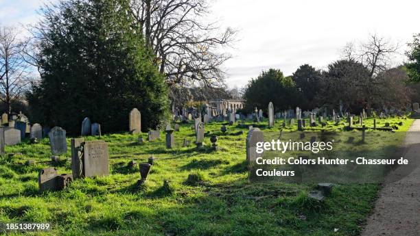 abandoned graves on a green lawn and cloudy sky at brompton cemetery in london, england, united kingdom. no people. - cemetery stock pictures, royalty-free photos & images