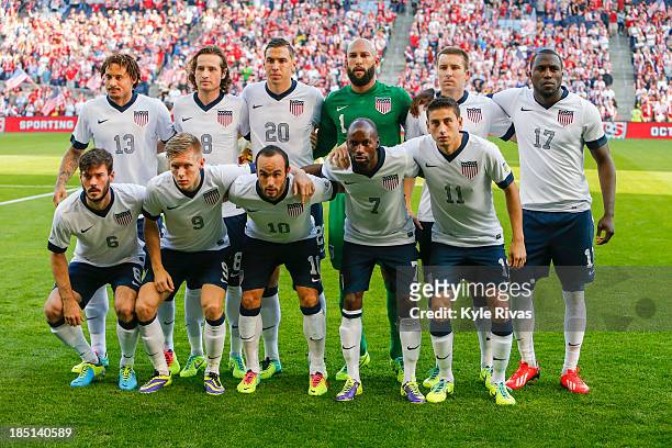 Starters for the U.S. Men's National Soccer Team pose for a photo before the game against Jamaica at Sporting Park on October 11, 2013 in Kansas...
