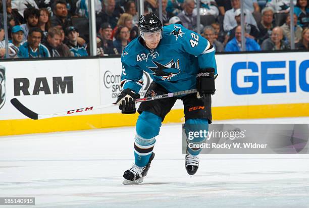 Matt Pelech of the San Jose Sharks skates against the Ottawa Senators at SAP Center on October 12 2013 in San Jose, California.