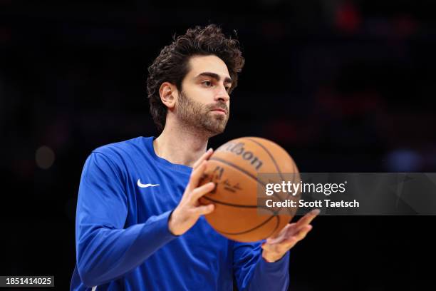 Furkan Korkmaz of the Philadelphia 76ers warms up before the game against the Washington Wizards at Capital One Arena on December 06, 2023 in...