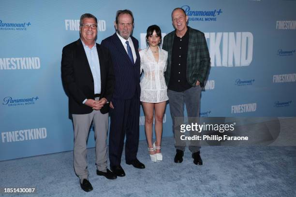 Gary Foster, Tommy Lee Jones, Jenna Ortega, and Brian Helgeland attends the Los Angeles premiere of Paramount+'s "Finestkind" at Pacific Design...