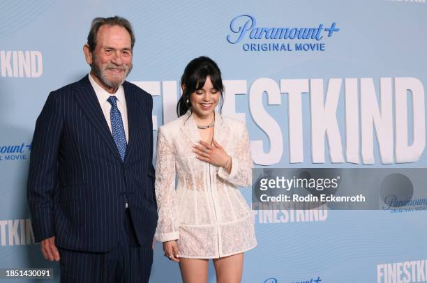 Tommy Lee Jones and Jenna Ortega attend the Los Angeles premiere of Paramount+'s "Finestkind" at Pacific Design Center on December 12, 2023 in West...