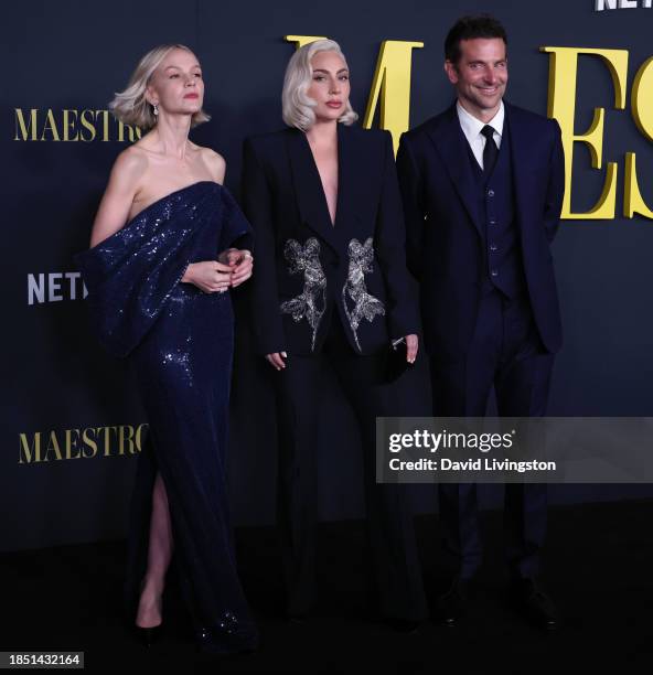 Carey Mulligan, Lady Gaga and Bradley Cooper attend Netflix's "Maestro" Los Angeles photo call at the Academy Museum of Motion Pictures on December...