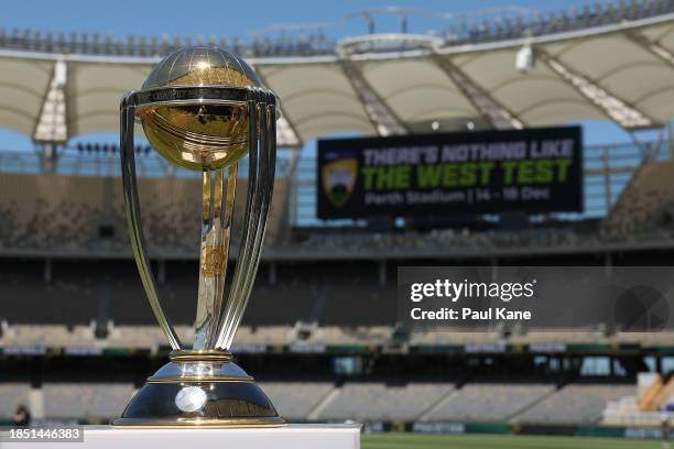 The One Day International World Cup is displayed during an Australian nets session at Optus Stadium on December 13, 2023 in Perth, Australia.