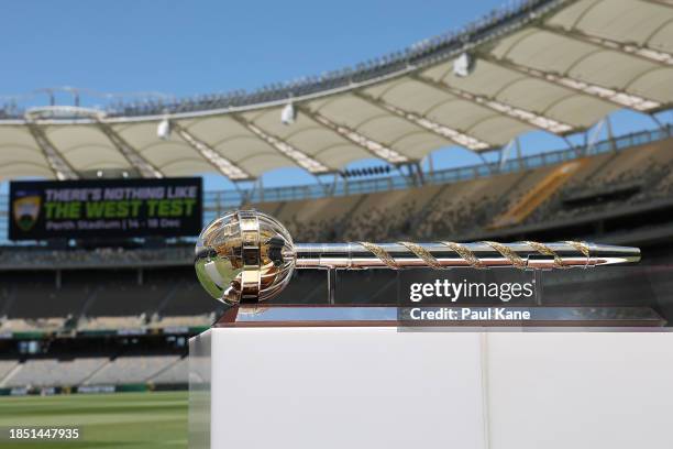 The World Test Championship mace is displayed during an Australian nets session at Optus Stadium on December 13, 2023 in Perth, Australia.