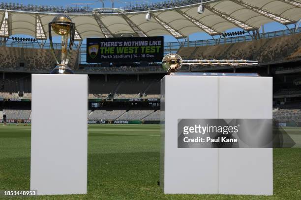 The One Day International World Cup and World Test Championship mace is displayed during an Australian nets session at Optus Stadium on December 13,...
